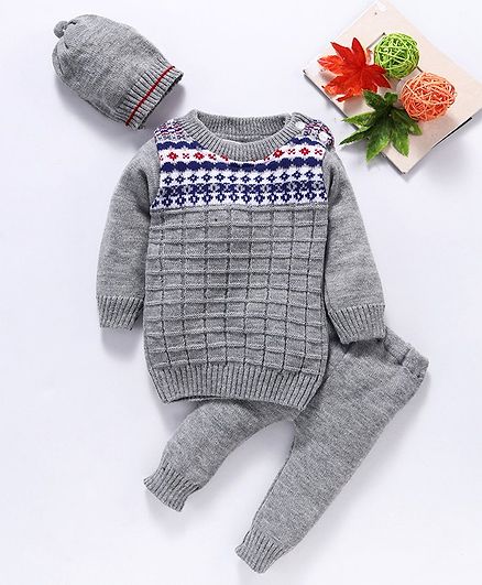 Babyhug Full Sleeves Sweater & Pajama With Cap Geometric Design - Grey