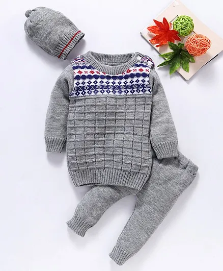 Babyhug Full Sleeves Sweater & Pajama With Cap Geometric Design - Grey