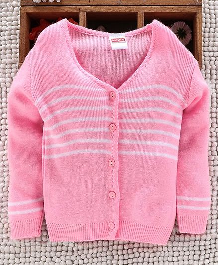 Babyhug Full Sleeves Front Open Striped Sweater - Light Pink