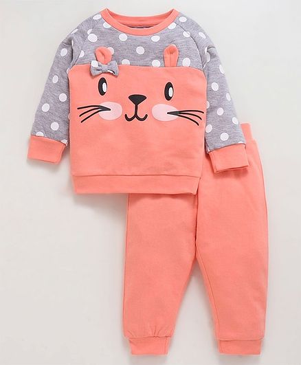 Babyoye Cotton Full Sleeves Winter Tee And Lounge Pant Kitty Design - Coral Grey