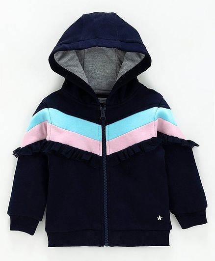 Babyoye Full Sleeves Hooded Cotton Sweat Jacket Ruffle Detailing - Navy Blue