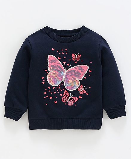 Babyoye Full Sleeves Cotton Sweatshirt Butterfly Embroidery - Navy Blue