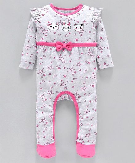 Babyoye Full Sleeves Cotton Footed Romper Star Print - Grey