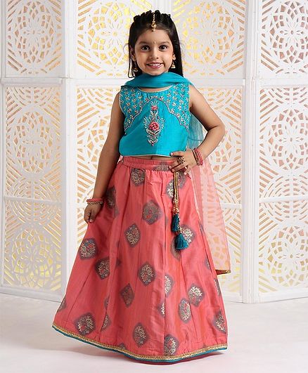 Babyhug Sleeveless Choli And Brocade Lehenga With Dupatta Zardozi Work - Blue Pink
