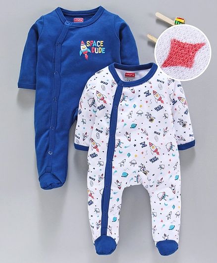 Babyhug 100% Cotton Full Sleeves Footed Sleep Suit Space Print - Blue White