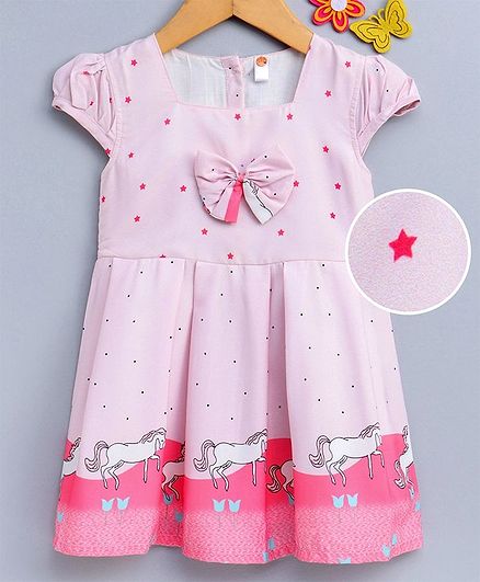 Dew Drops Cap Sleeves Frock Unicorn Print - Pink