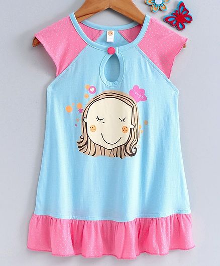 Dew Drops Short Sleeves Frock Happy Girl Print - Blue Pink