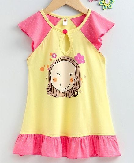 Dew Drops Short Sleeves Frock Happy Girl Print - Yellow Pink