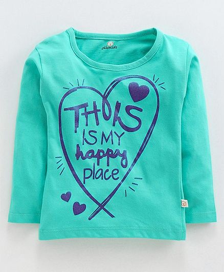 Olio Kids Full Sleeves Sinker Tee Text & Heart Print - Sea Green