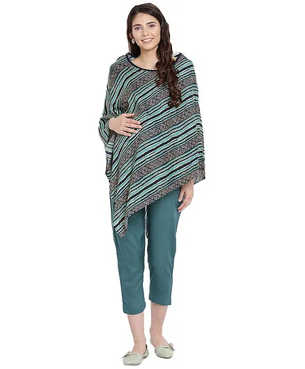 Mine4Nine Striped Full Sleeves Maternity Top - Sea Green