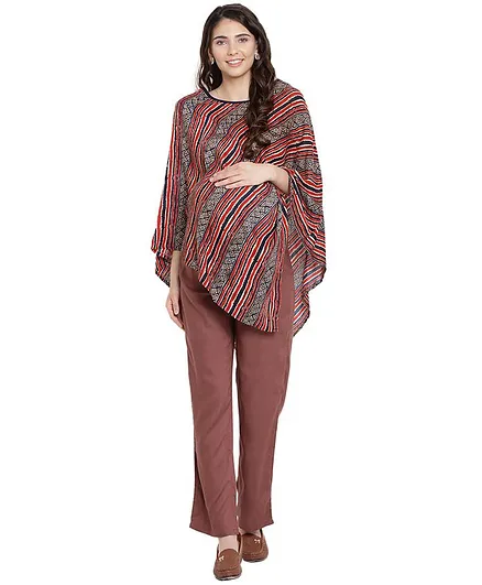 Mine4Nine Striped Full Sleeves Maternity Top - Red