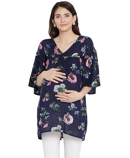 Mine4Nine Flower Printed Three Fourth Sleeves Maternity Top - Navy Blue