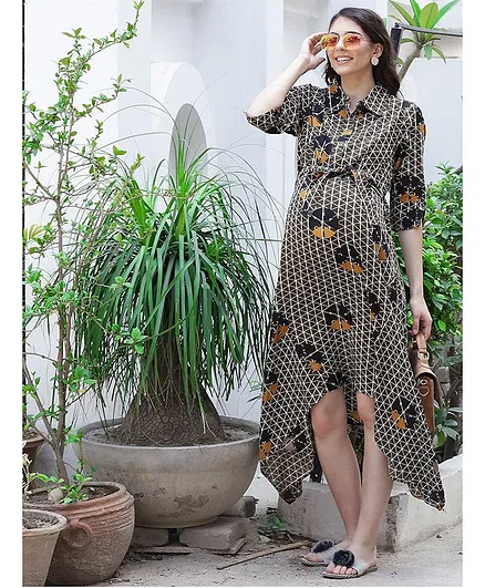Mine4Nine Geometric Pattern Printed Half Sleeves Maternity Dress - Brown