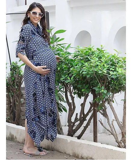 Mine4Nine Geometric Pattern Printed Half Sleeves Maternity Dress - Blue