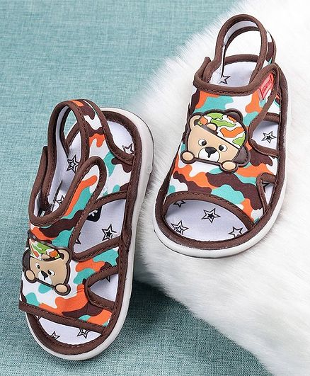 Cute Walk by Babyhug Camouflage Sandals Bear Patch - Brown