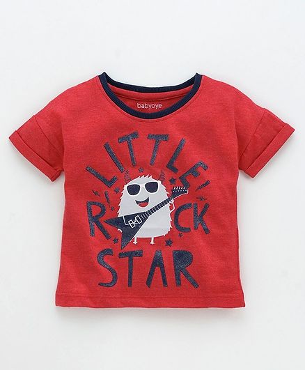 Babyoye Half Sleeves Cotton Poly Tee Little Rockstar Print - Red