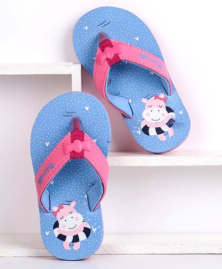 Cute Walk by Babyhug Flip Flops With Back Strap Hippo Print - Blue
