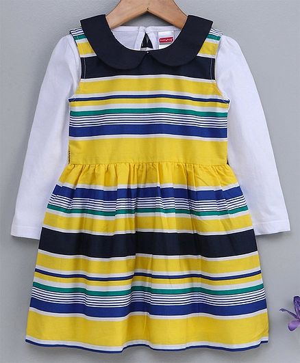 Babyhug Striped Frock With Full Sleeves Inner Tee - Yellow