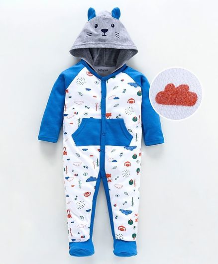 Babyoye Full Sleeves Cotton Footed Hooded Romper Multi Print - Blue