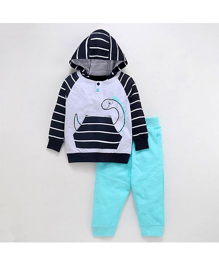 Babyoye Cotton Full Sleeves Hooded Tee And Lounge Pant Dino Print - Black Sea Green