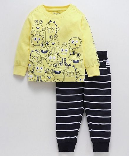 Babyoye Full Sleeves Tee & Striped Bottom Set Alien Print - Yellow