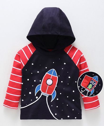 Babyoye Full Sleeves Hooded Tee Rocket Print - Navy Blue
