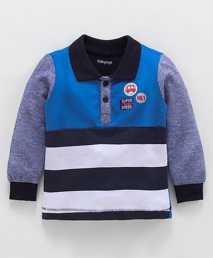 Babyoye Full Sleeves Polo Tee Car & Text Patch - Navy Blue