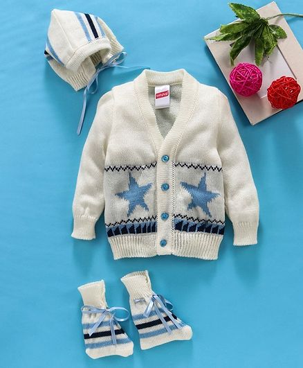 Babyhug Full Sleeves Sweater With Cap & Booties Star Design - Cream