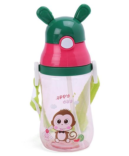 Water Bottle With Push Button Opening Monkey Print Pink Green - 400 ml