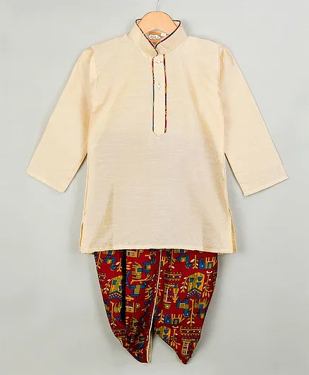 KID1 Full Sleeves Kurta With Tribal Print Dhoti Set - Cream
