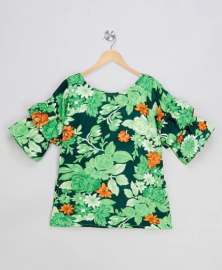 KID1 Rose Flower Print Half Sleeves Top - Green