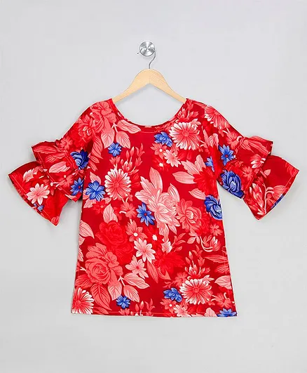 KID1 Rose Flower Print Half Sleeves Top - Red