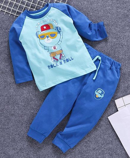 Babyhug Full Sleeves Tee & Bottoms Set Cartoon Print - Blue