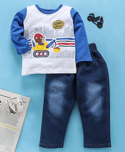 Babyhug Full Sleeves Tee & Jeans Set Crane Print - White Blue