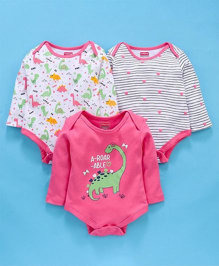 Babyhug Full Sleeves Cotton Onesies Dino Print Pack of 3 - Pink
