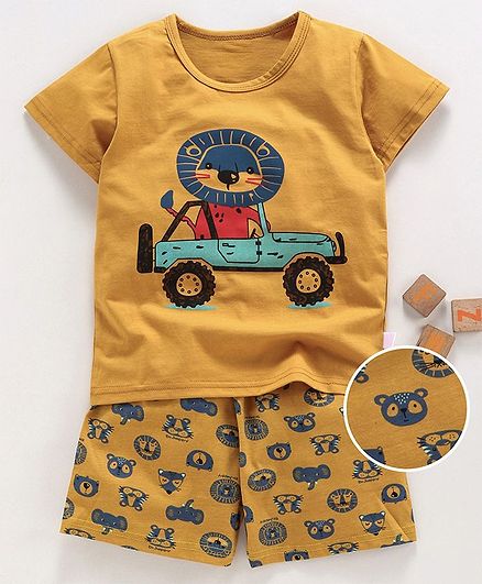 Kookie Kids Half Sleeves Night Suit Lion Print - Yellow