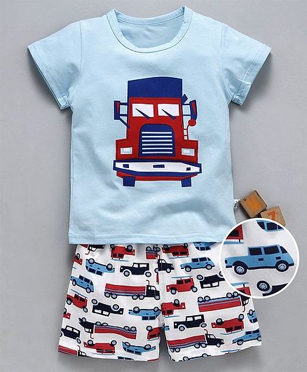 Kookie Kids Half Sleeves Night Suit Bus Print - Light Blue