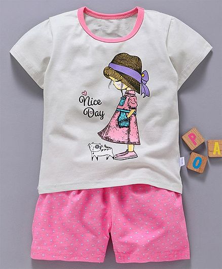 Kookie Kids Half Sleeves Night Suit Nice Day Print - Pink
