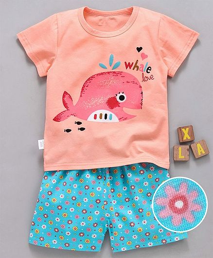 Kookie Kids Half Sleeves Night Suit Whale & Floral Print - Peach Blue
