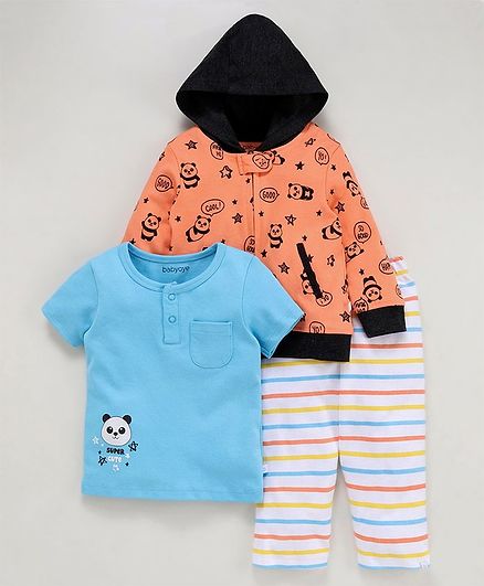 Babyoye Cotton Printed Top Hooded Jacket & Leggings - Light Orange