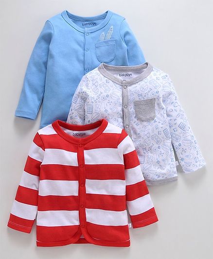 Babyoye Full Sleeves Cotton Vests Striped, Solid Color & Printed Pack of 3 - White Red Blue