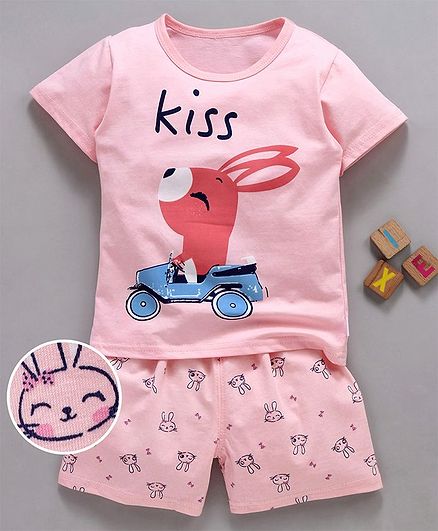 Kookie Kids Half Sleeves Night Suit Bunny Print - Light Pink