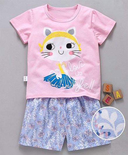 Kookie Kids Half Sleeves Night Suit Kitty Print - Pink