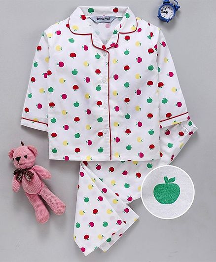 Enfance Core Multi Color Apple Print Full Sleeves Night Suit - White