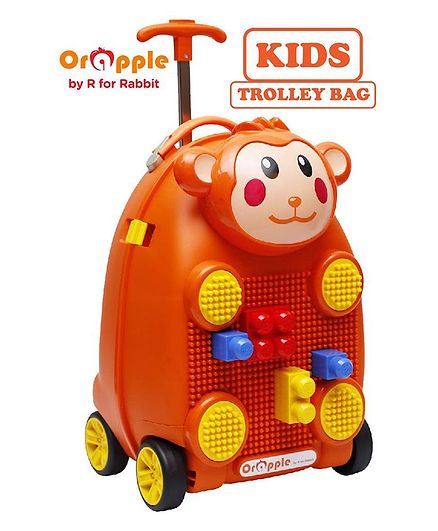 Orapple By R For Rabbit Trolley Luggage Bag With Building Blocks Monkey Design Orange - Height 18 Inches