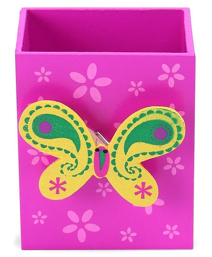 Wooden Pencil Stand With Paper Clip Holder Butterfly Design - Pink