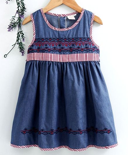 Smile Rabbit Sleeveless Frock Floral Embroidery - Dark Blue