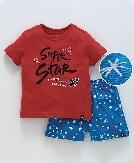Babyoye Half Sleeves Cotton Night Wear Super Star Print - Red Blue