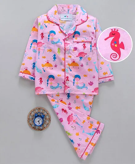 Knitting Doodles Mermaid Print Full Sleeves Night Suit - Pink