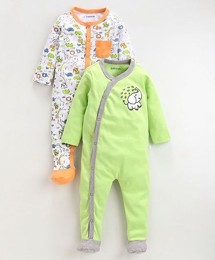 Babyoye Full Sleeves Footed Cotton Rompers Animal Print Pack of 2 - Green White